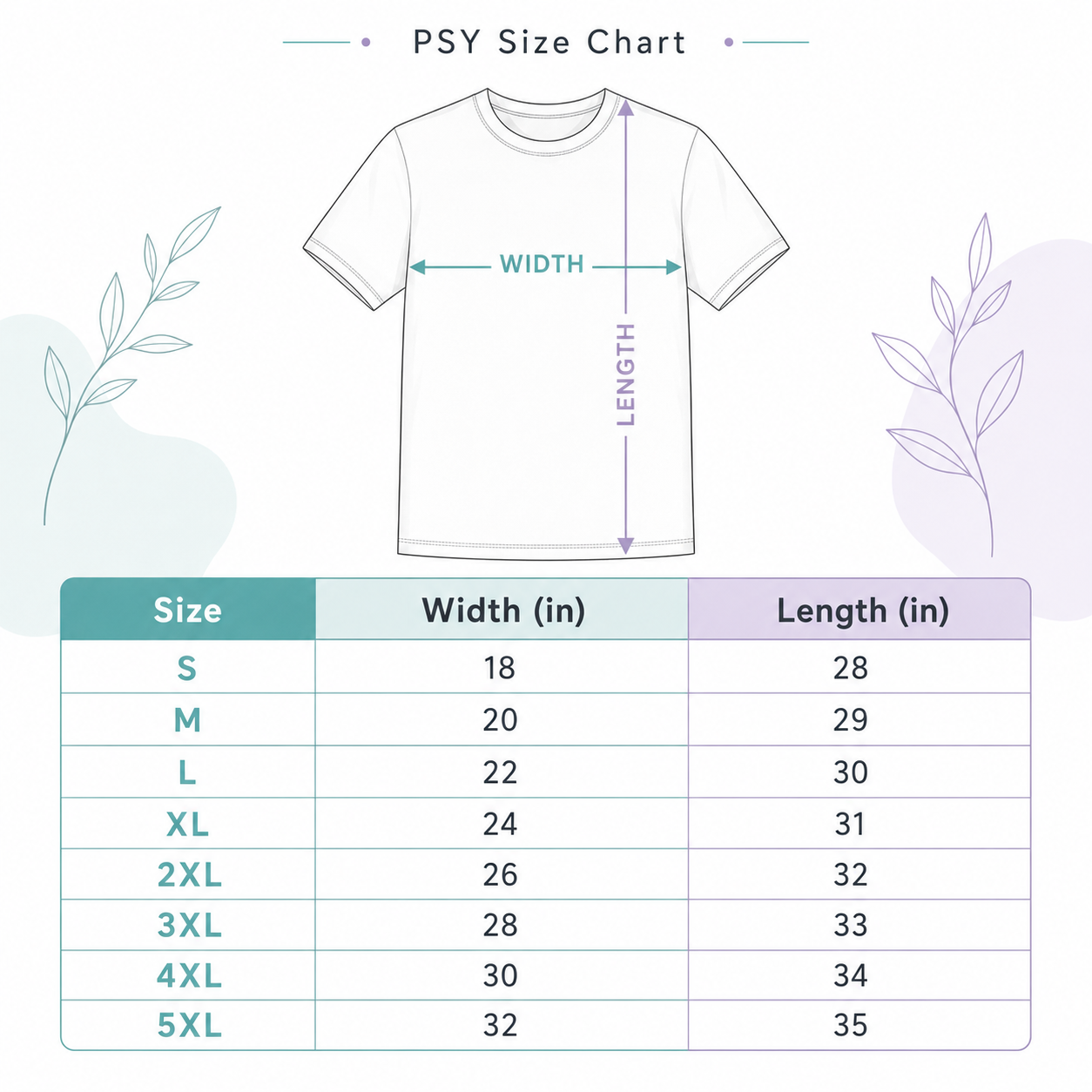 PSY size chart showing width and length measurements for unisex tees from S to 5XL.