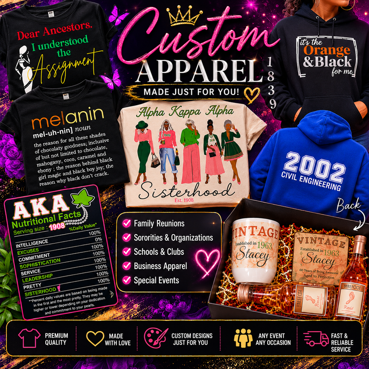 Custom apparel, gifts, keepsakes, and personalized products including shirts, hoodies, sorority apparel, memorial gifts, tumblers, and custom event items.