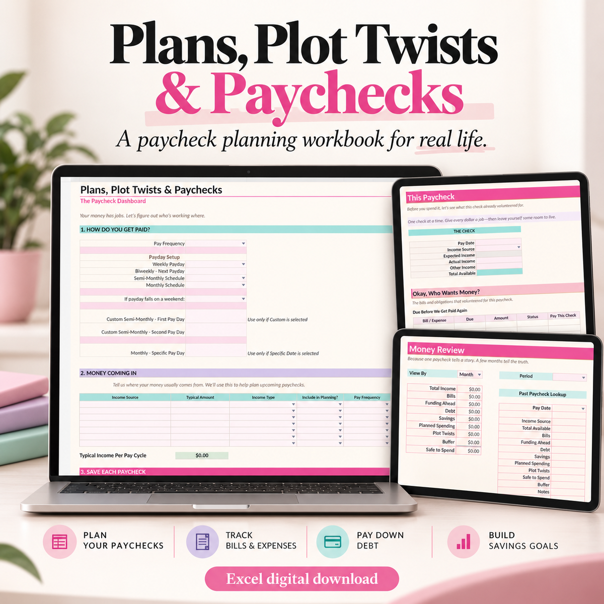 Plans, Plot Twists & Paychecks Excel paycheck dashboard preview