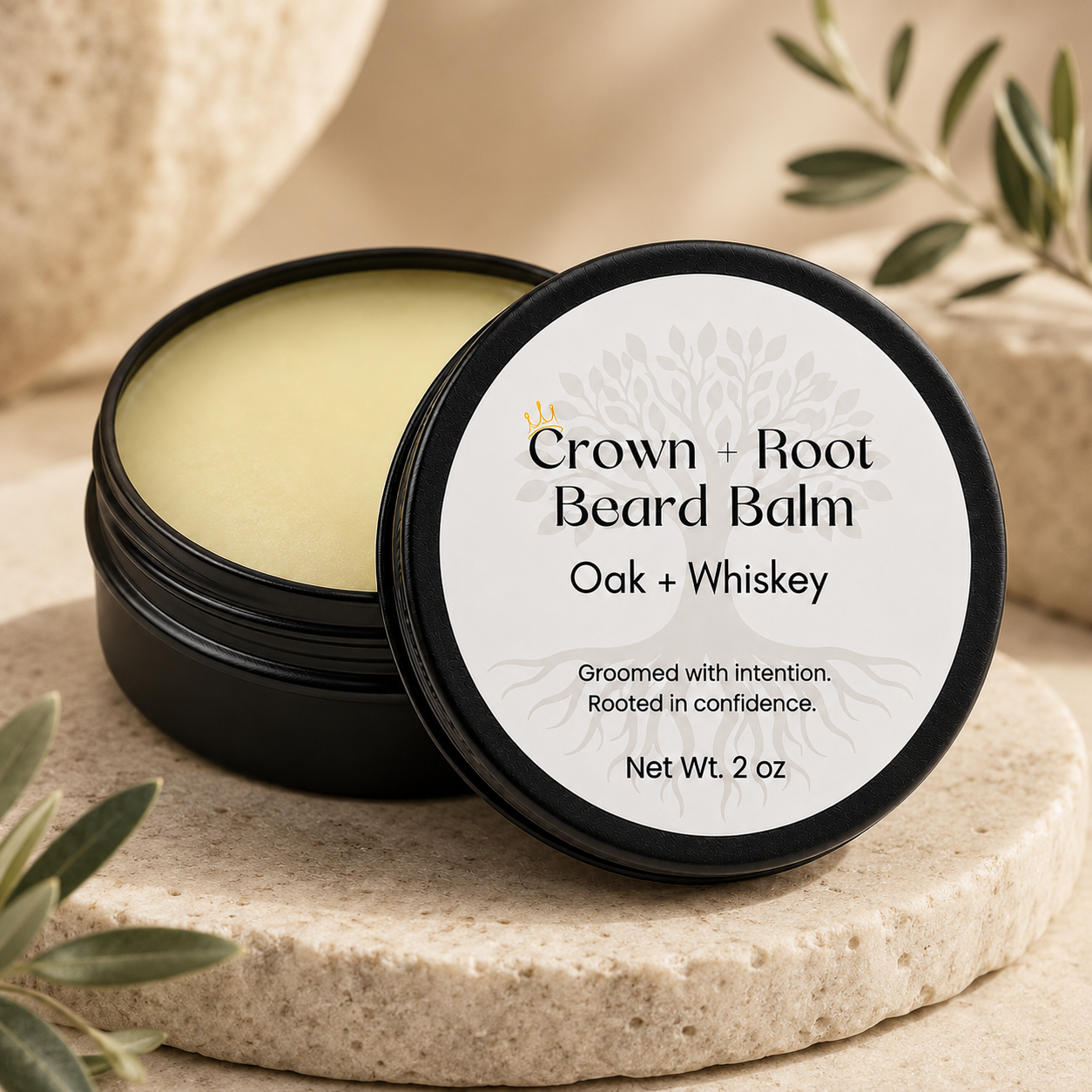 Crown + Root Beard Balm container with lid open on a stone surface