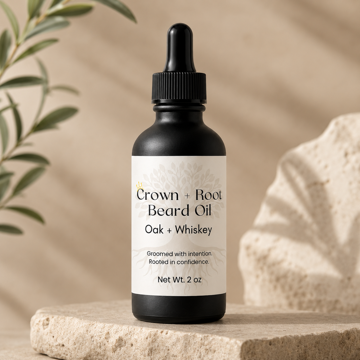 Bottle of Crown + Root Beard Oil on a stone surface with a natural background