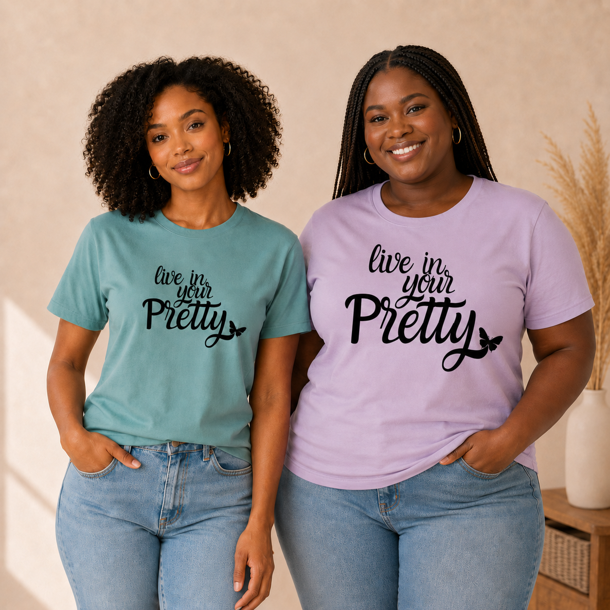 Two Black women wearing Live in Your Pretty graphic tees in soft teal and soft lilac.