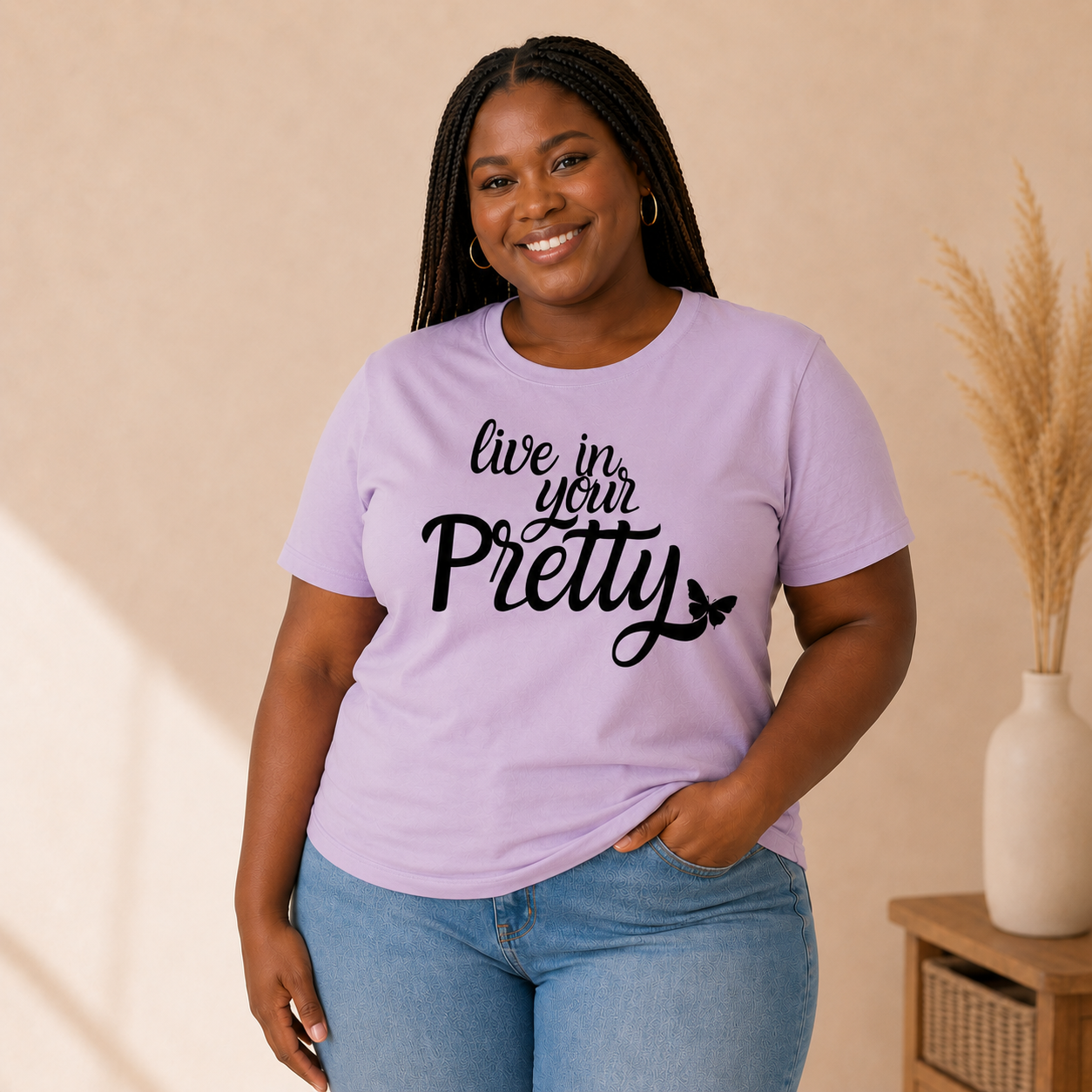 Black woman wearing a soft lilac Live in Your Pretty graphic tee with black script lettering and butterfly detail.