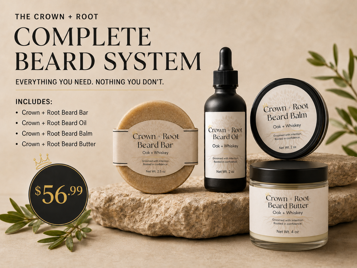 Crown & Root beard care product set including bar, oil, balm, and butter 