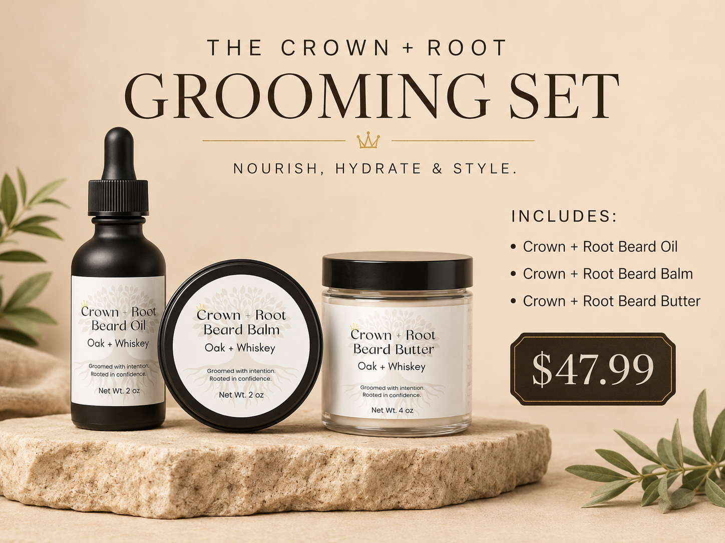 Crown and Root Grooming Set with beard oil, beard balm, and beard butter
