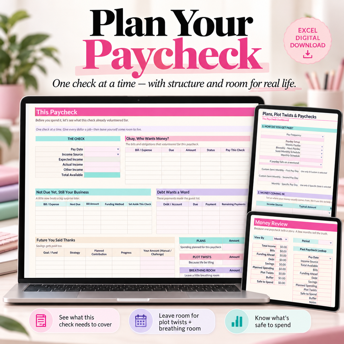 Plans, Plot Twists & Paychecks Excel paycheck dashboard preview