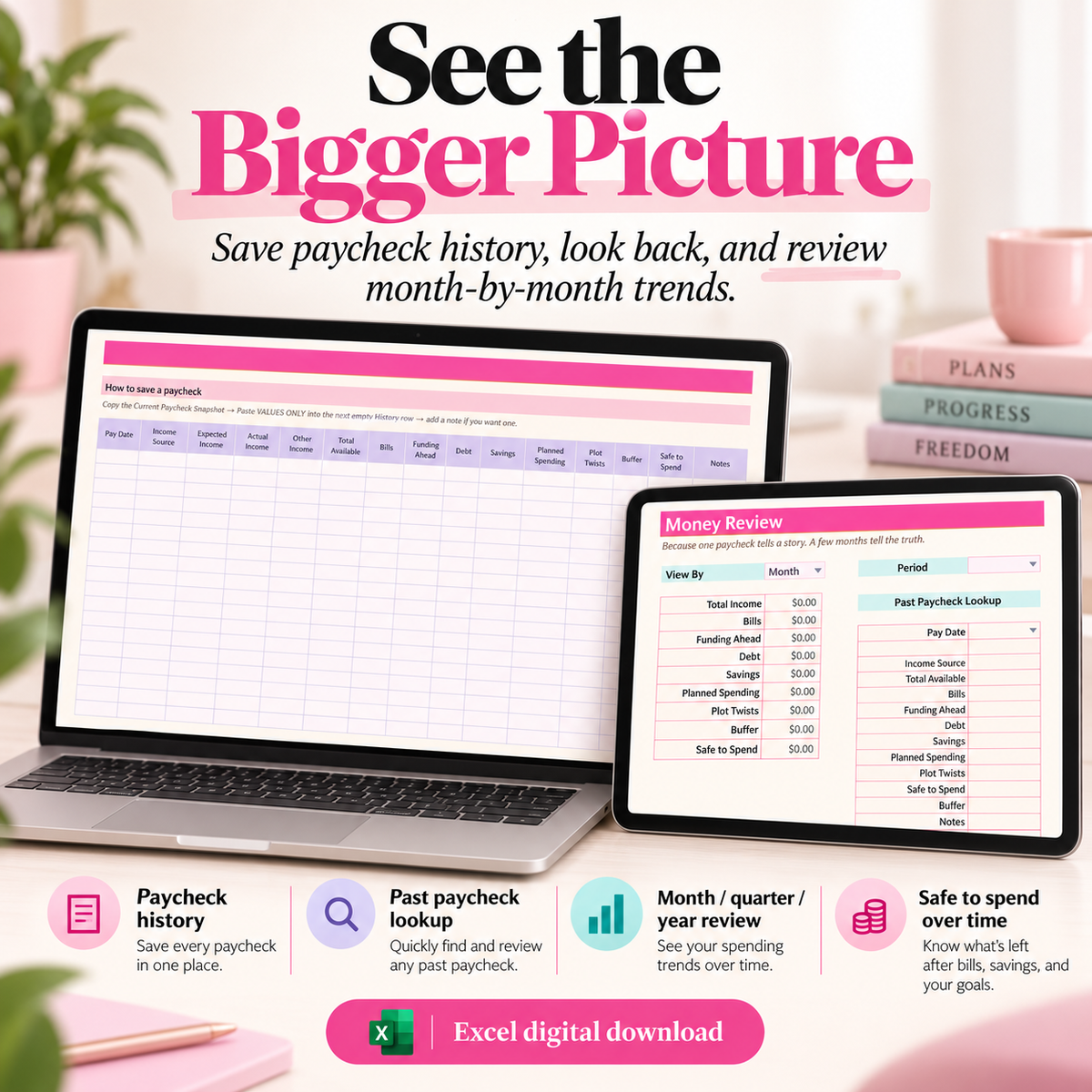 Plans, Plot Twists & Paychecks Excel paycheck dashboard preview