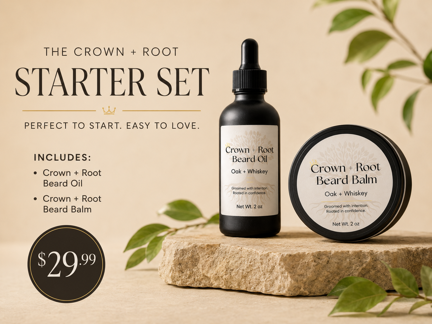 Crown + Root beard oil and balm starter set